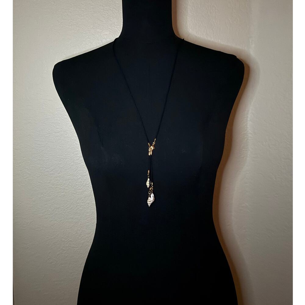 Boho Black Cord Lariat Necklace Gold Seashell Pendant Slide Tie NEW